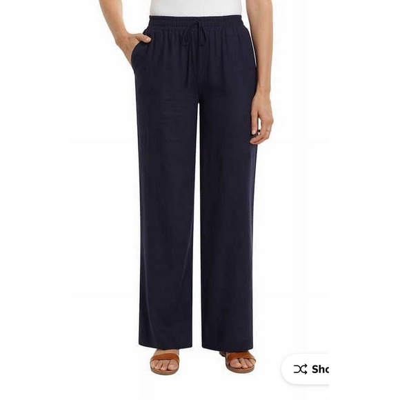 Briggs Pants - Briggs Navy Blue Linen Blend Wide Leg Drawstring Pants Womens Small
